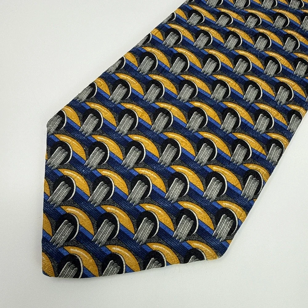 Ermenegildo Zegna Mens Silk Tie Blue Gold Geometric Made in Italy Accessory